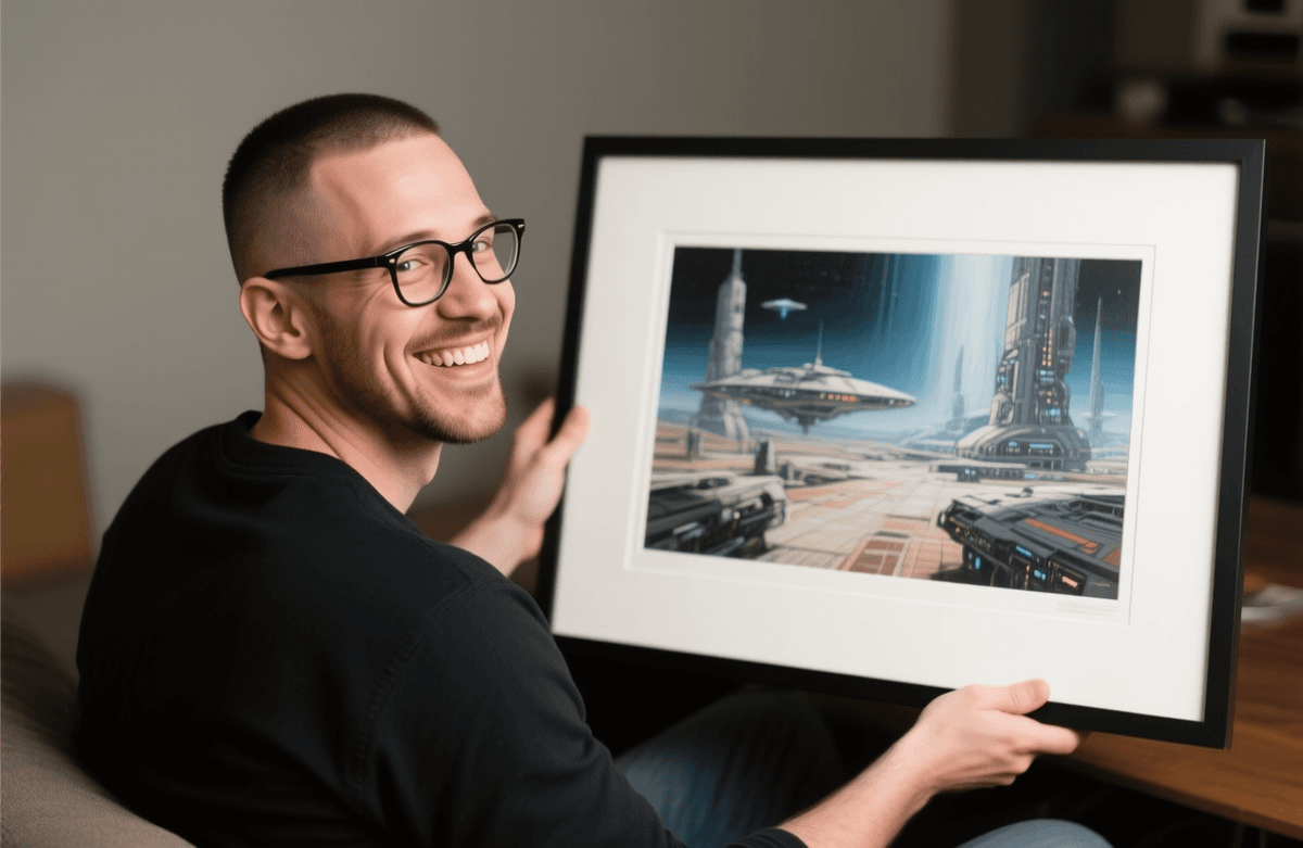 Customer excitedly unboxing a framed art print