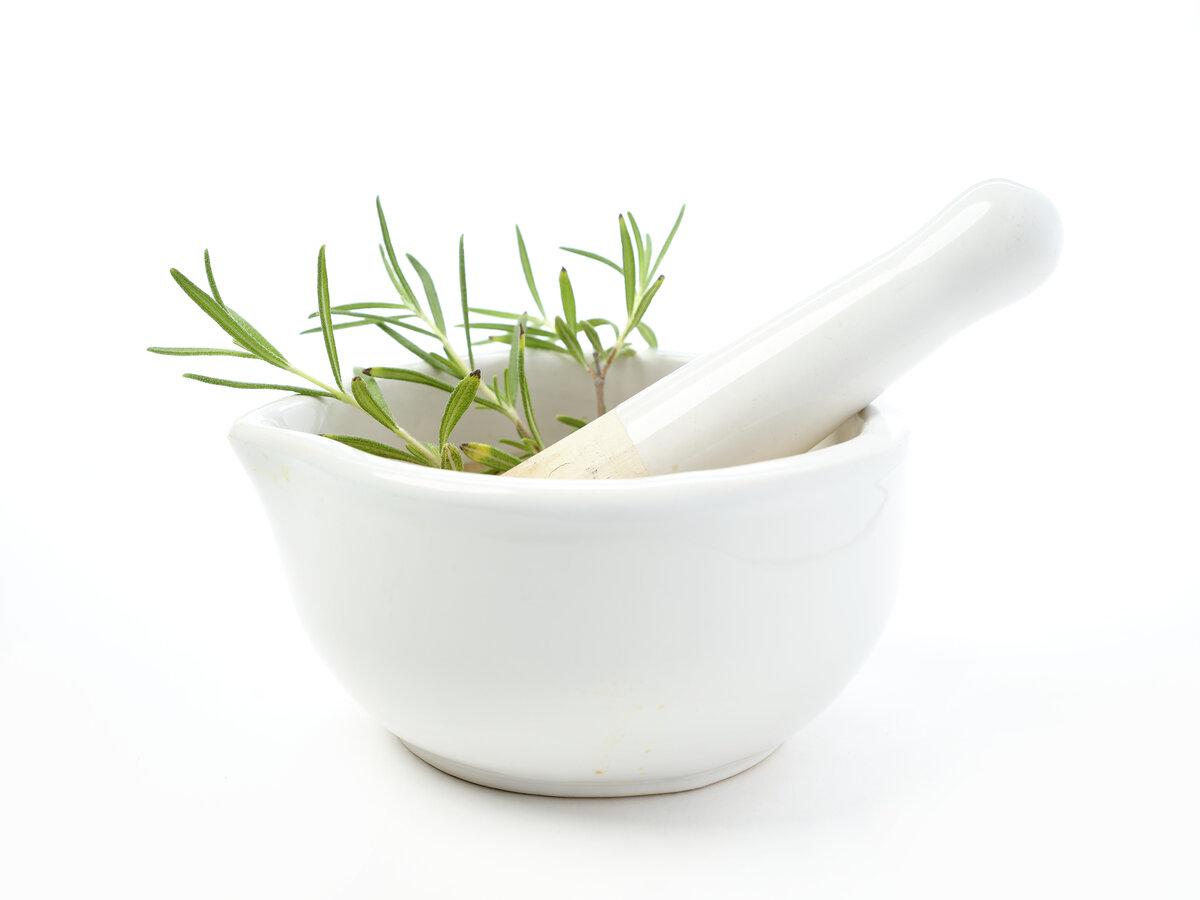 Rosemary with a mortar and pestle