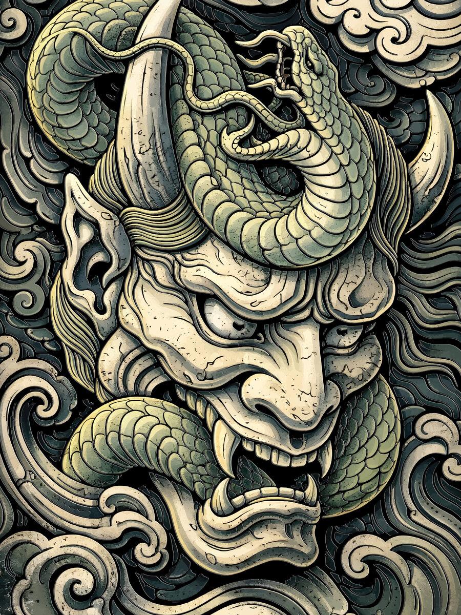Dramatic Horned Demon Coiled Serpent Painting