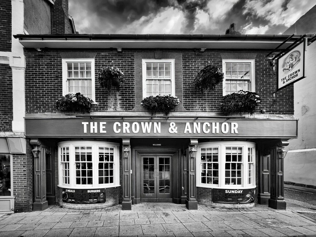 Historic Crown & Anchor Pub Exterior in Monochrome