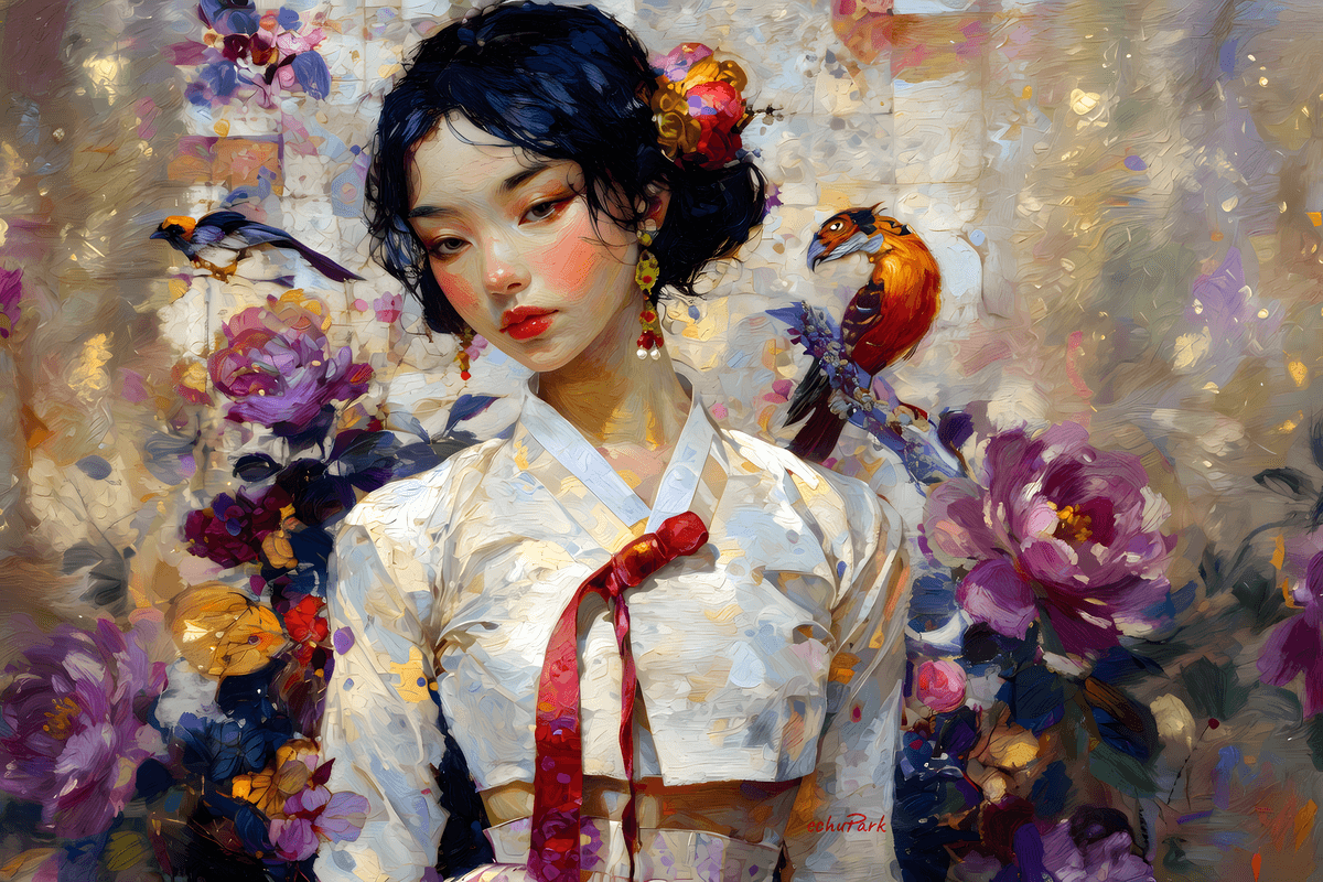 Hanbok Lady with Birds and Peonies