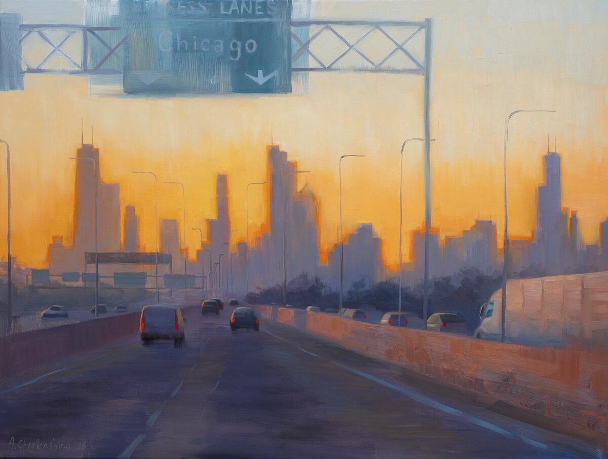City in amber light