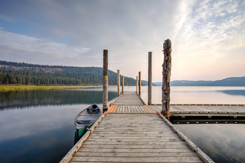 Dock at calm, tranquil lake