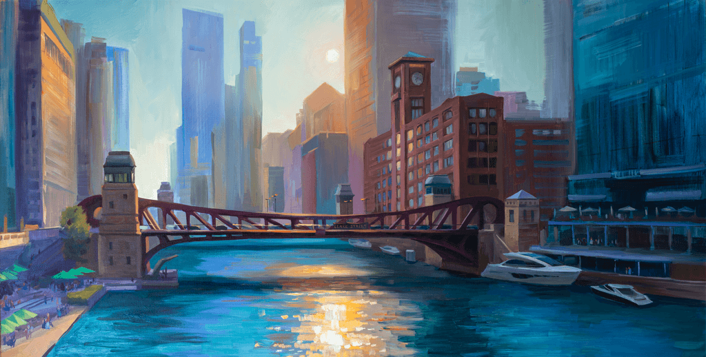 Chicago Riverwalk in the summer evening