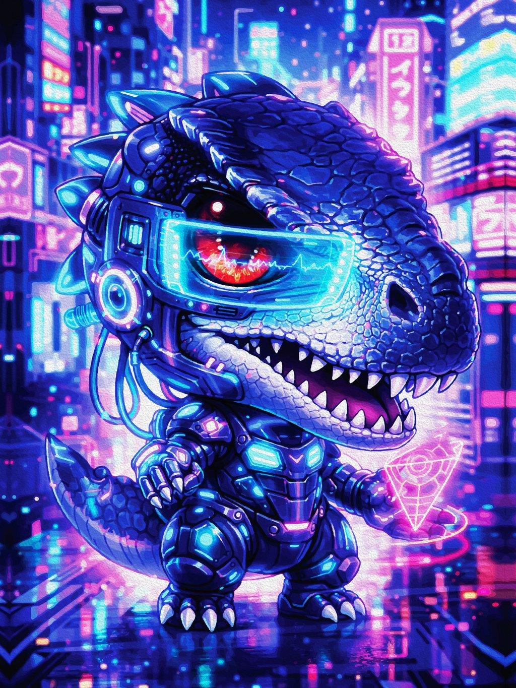 Cute Cyberpunk Chibi Dinosaur Neon Sci-Fi Fine Art