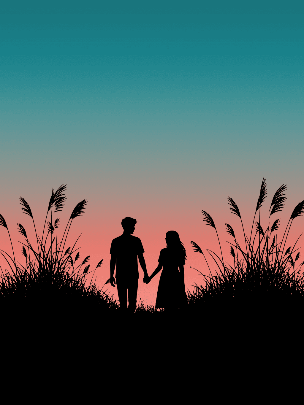 Romantic Couple Holding Hands Sunset Silhouette