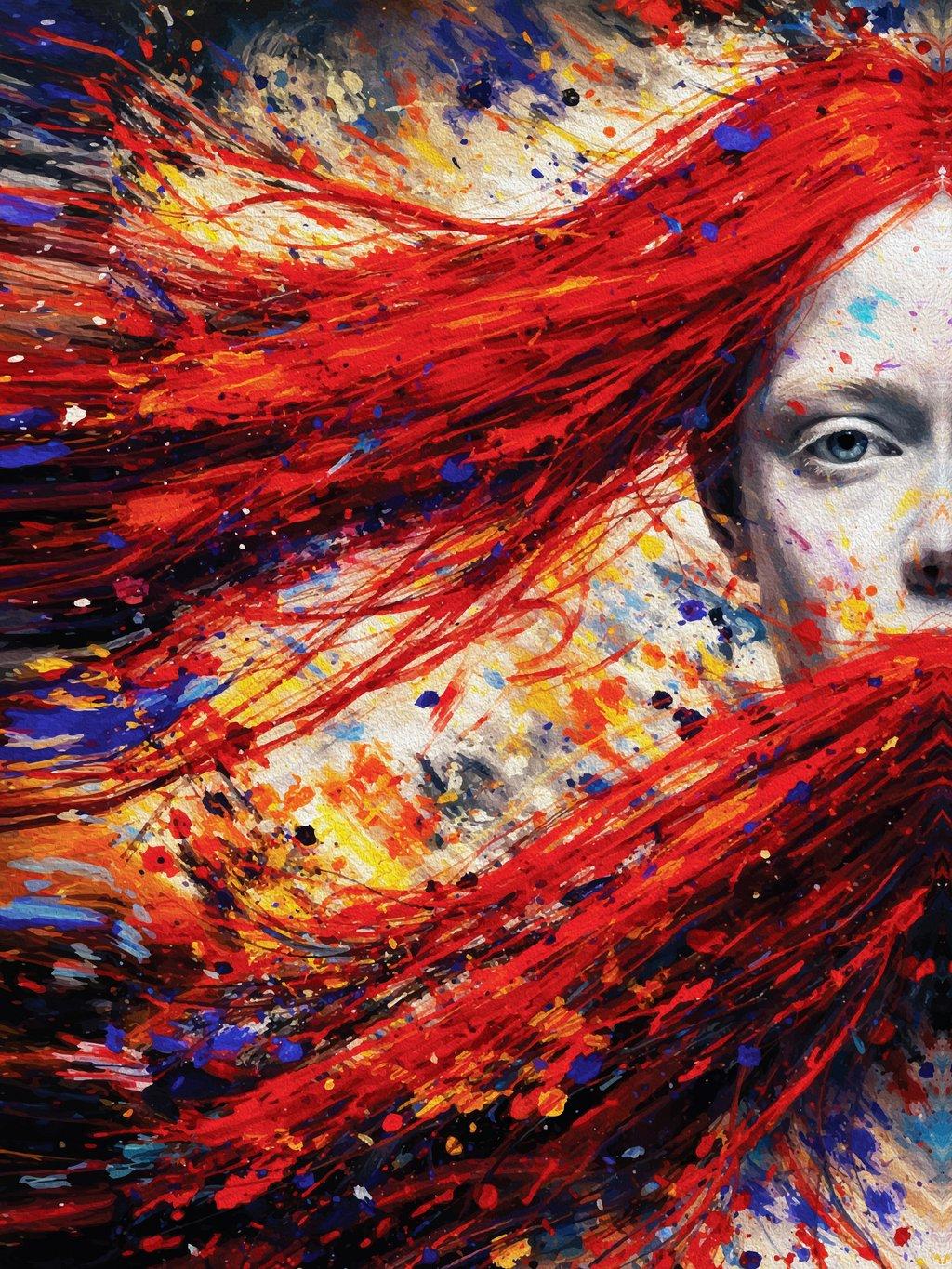 Intense Fiery Red Hair Woman Impasto Abstract