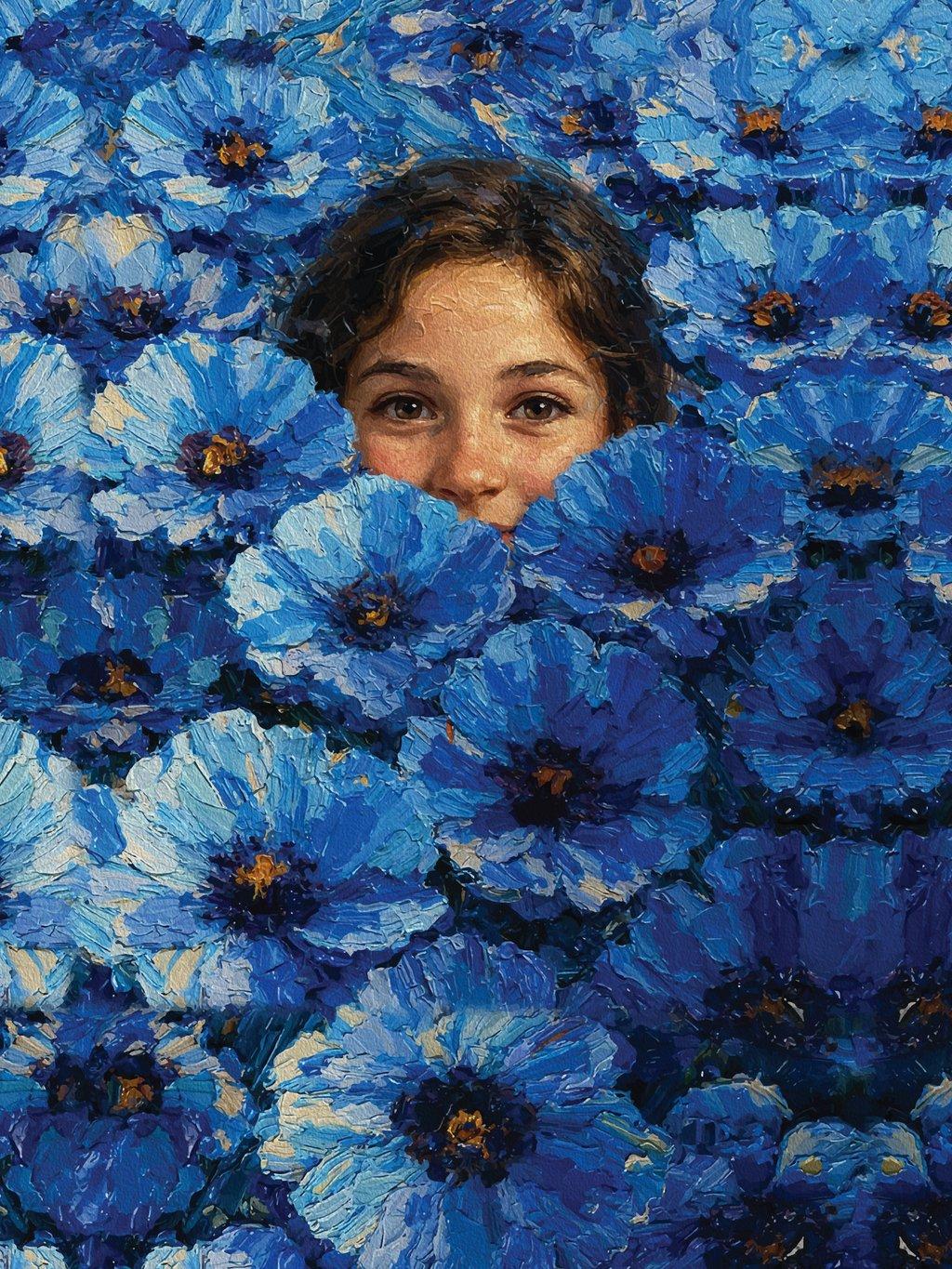 Serene Girl Face Blue Flowers Impasto Floral