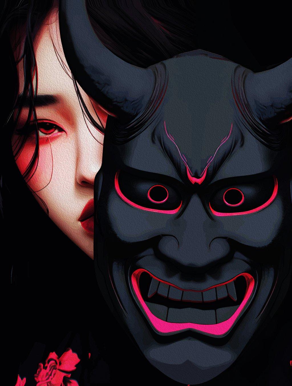Mysterious Girl with Oni Mask Dark Dark Japanese