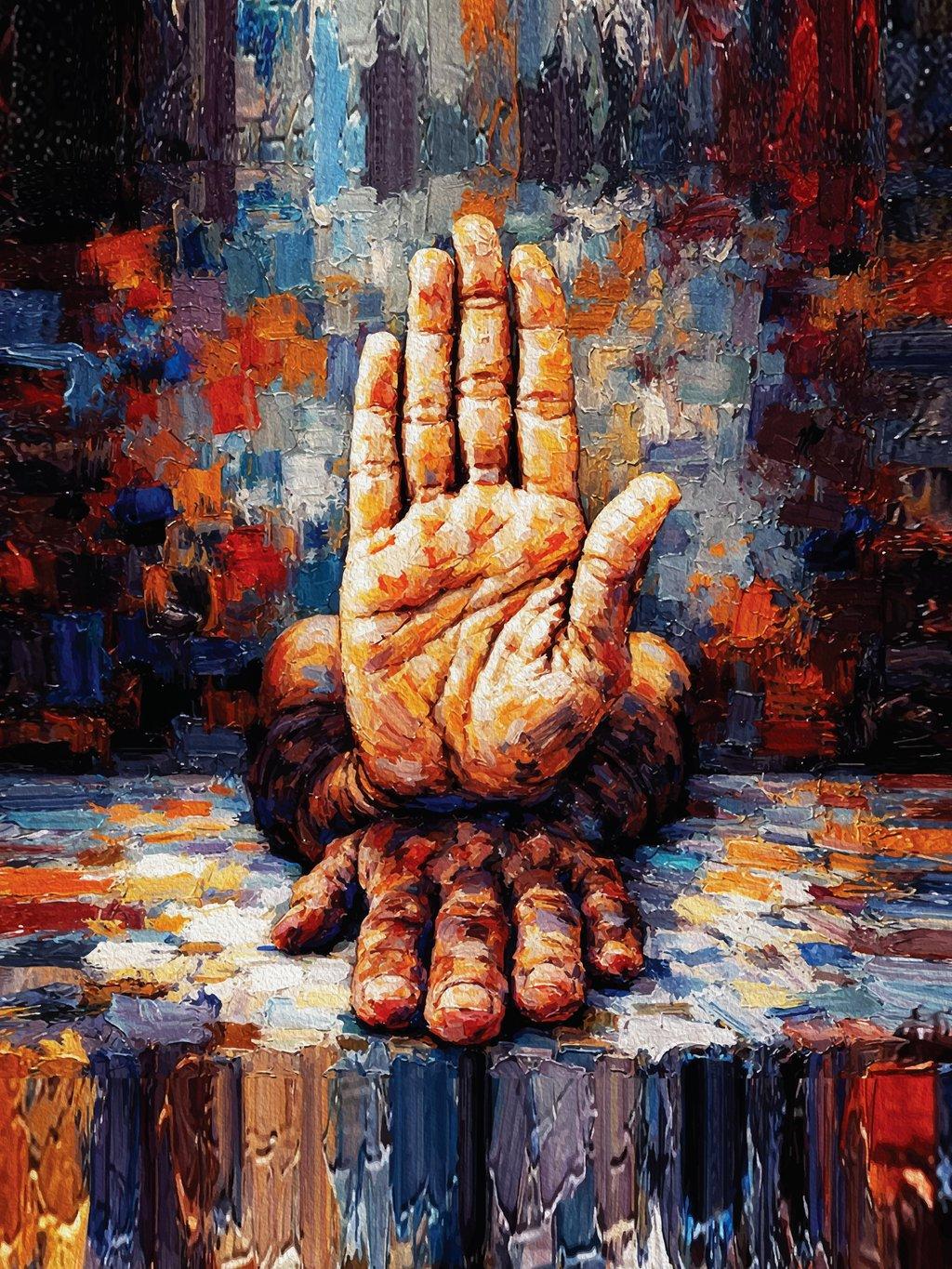 Powerful Raised Hand Gesture Impasto Vibrant