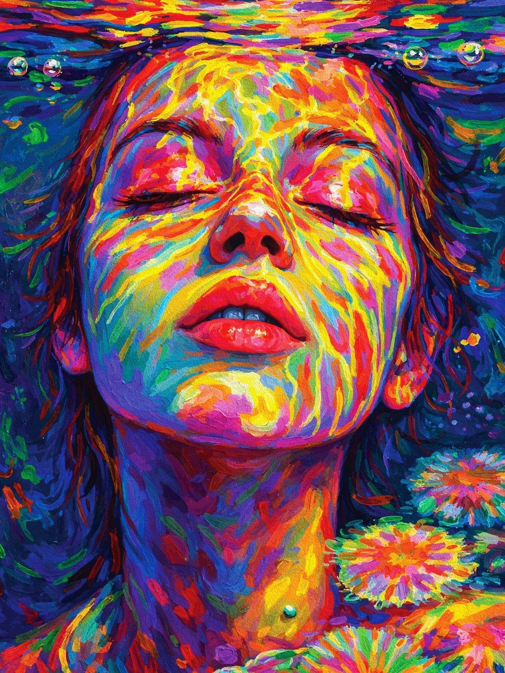 Meditative Underwater Woman Rainbow Impasto