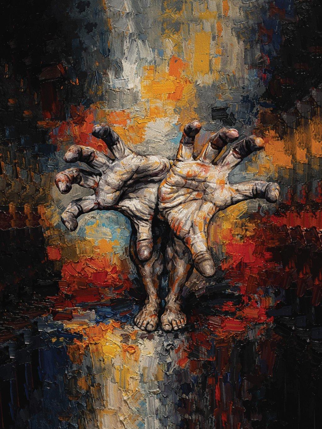 Dynamic Hands Emerging Feet Surreal Impasto