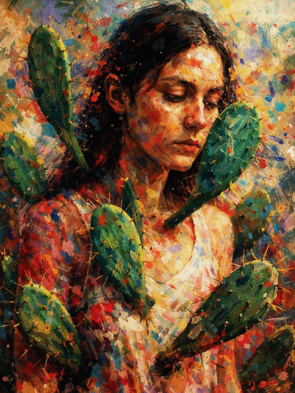 Symbolic Resilience Woman with Cactus Impasto