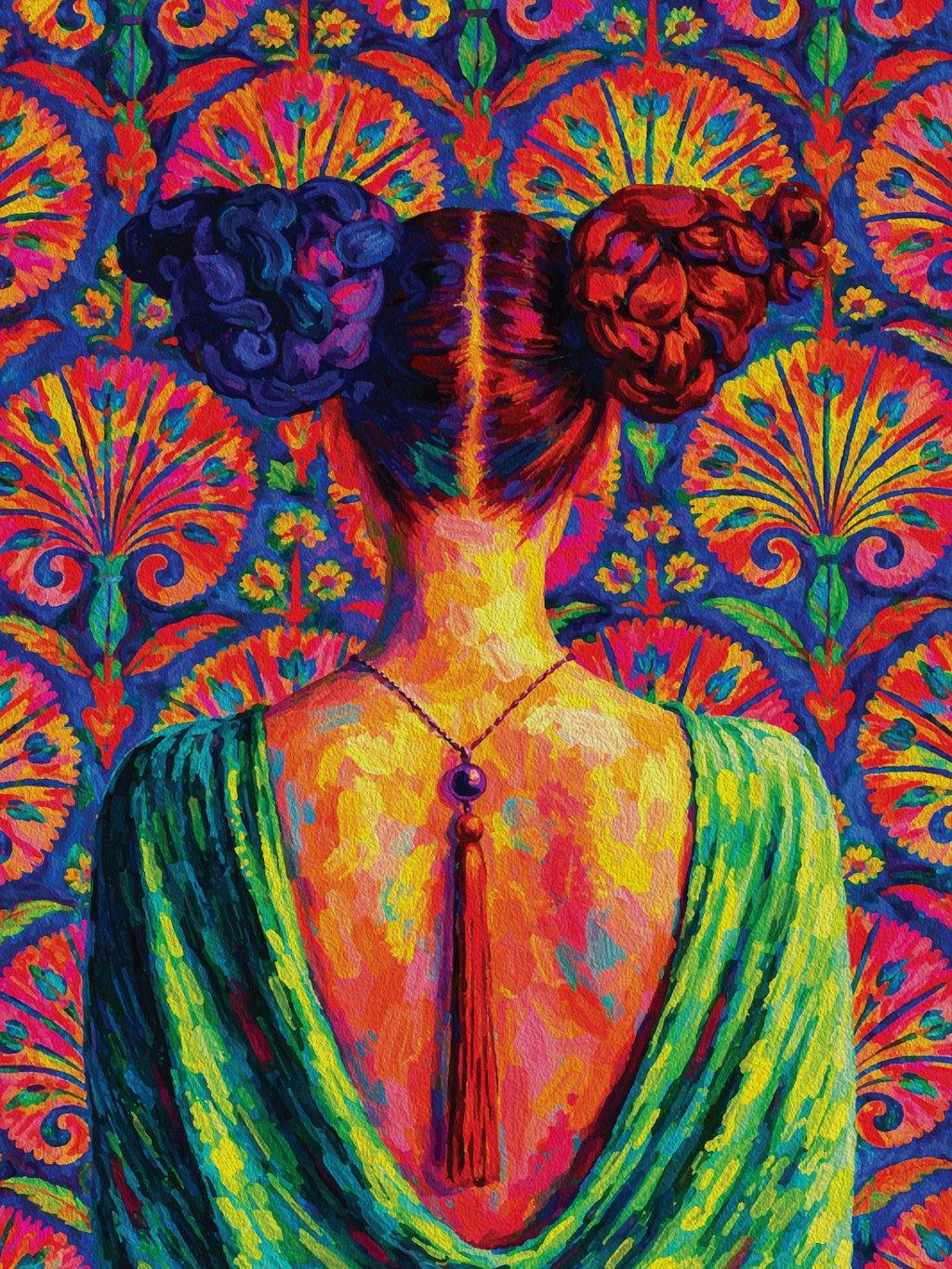 Joyful Woman Back View Colorful Buns Floral