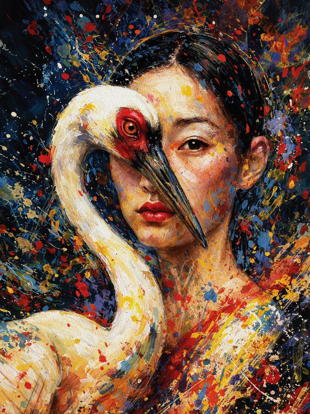 Symbolic Woman with Crane Vibrant Splatter