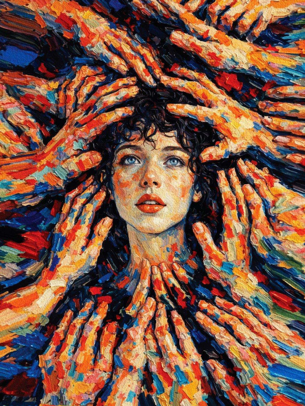 Raw Emotional Woman Hands Face Impasto Vibrant