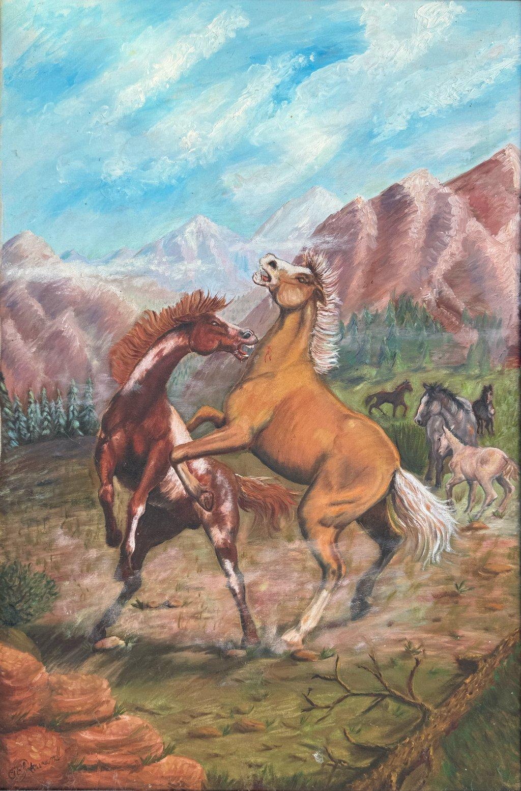 Stallions Fighting in Canyon